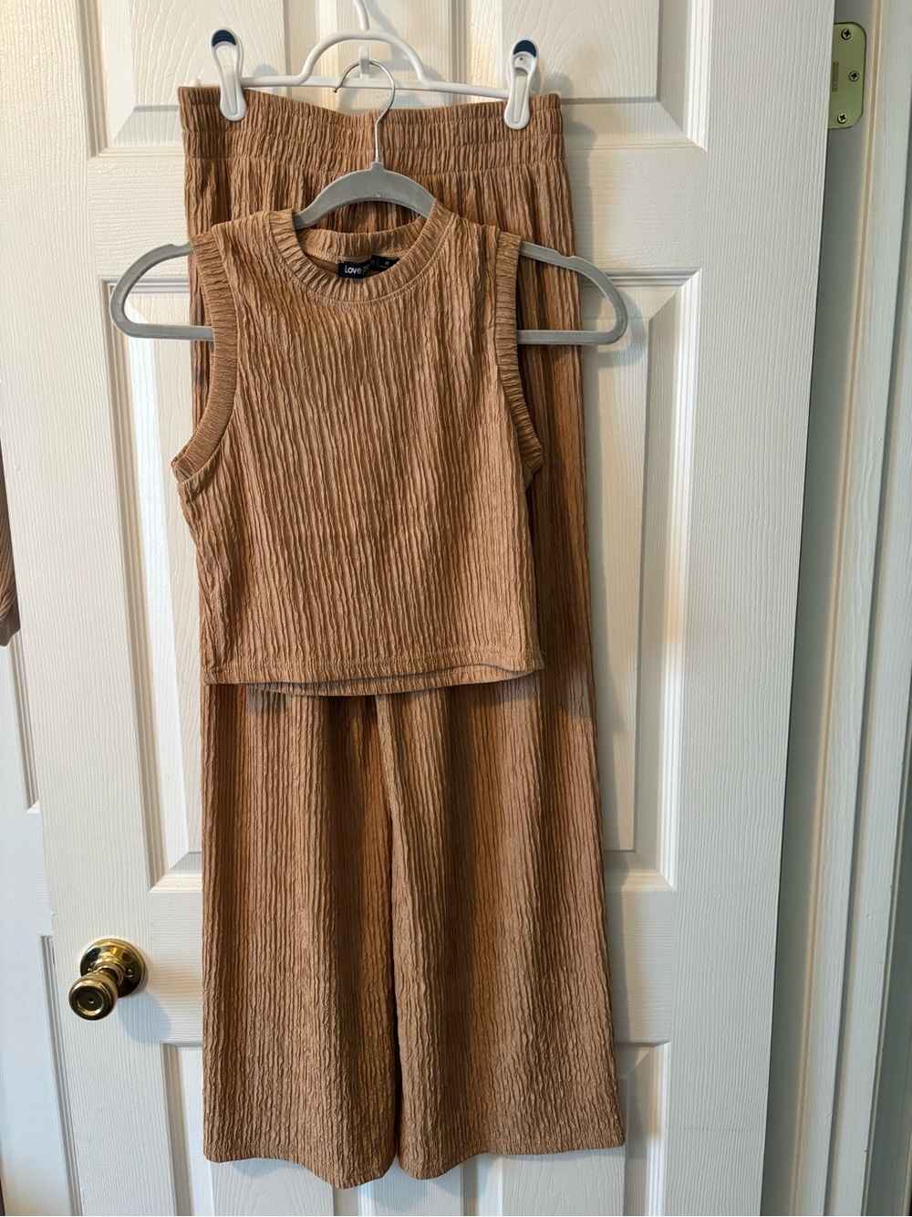 LOVE POEM Tan Ribbed Sleeveless Top & Wide-Leg Pants Set